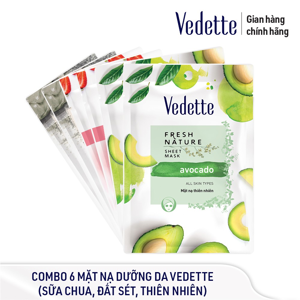 COMBO 6 MẶT NẠ DƯỠNG DA VEDETTE  - THIÊN NHIÊN BƠ, SC DÂU 10ml VÀ ĐS BÙN 12g - TPMY150