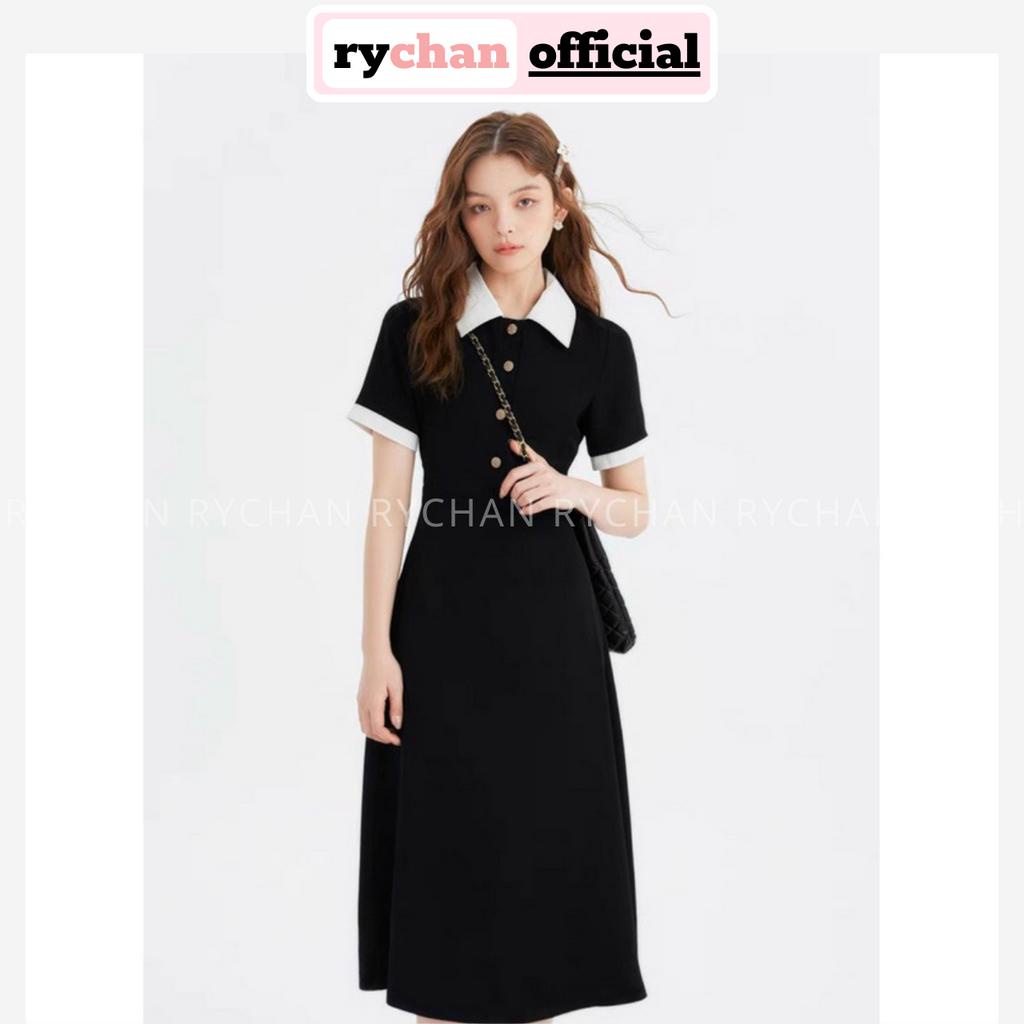Đầm Nữ Cổ Sơ Mi Tay Ngắn Viền Trắng Nút Trước Thanh Lịch, Đầm Đi Làm Dáng Xòe Cổ Trắng Màu Đen - DX169