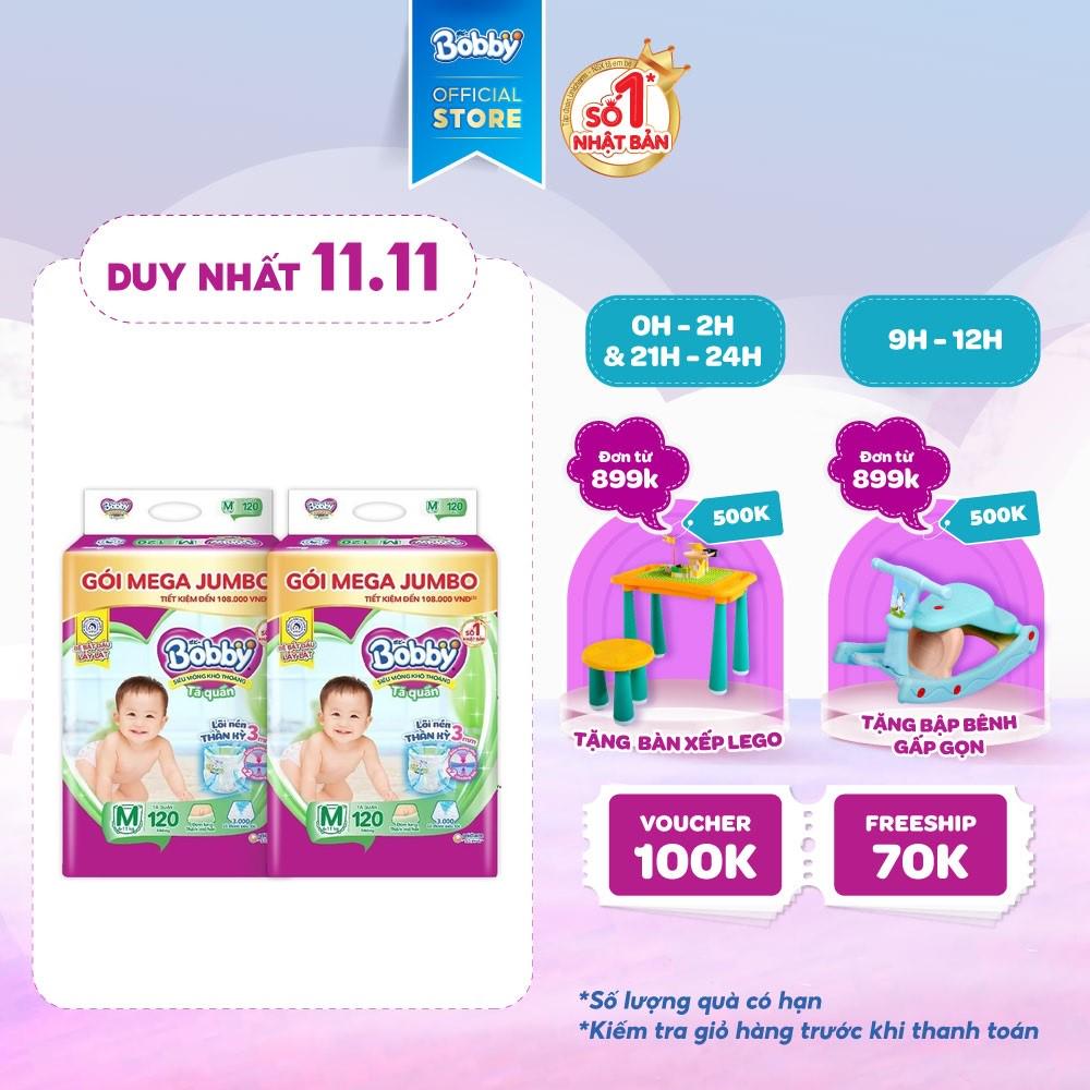 [Mã FMCGHOT -10% đơn 400K] Combo 2 Tã quần Bobby Lõi nén Mega Jumbo M120 (Không tặng miếng)