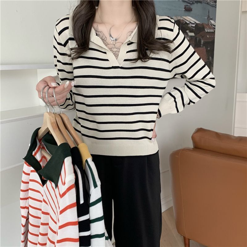 Áo Polo Dệt Kim Kẻ Sọc Kiểu Vintage Thời Trang Mùa Thu Cho Nữ