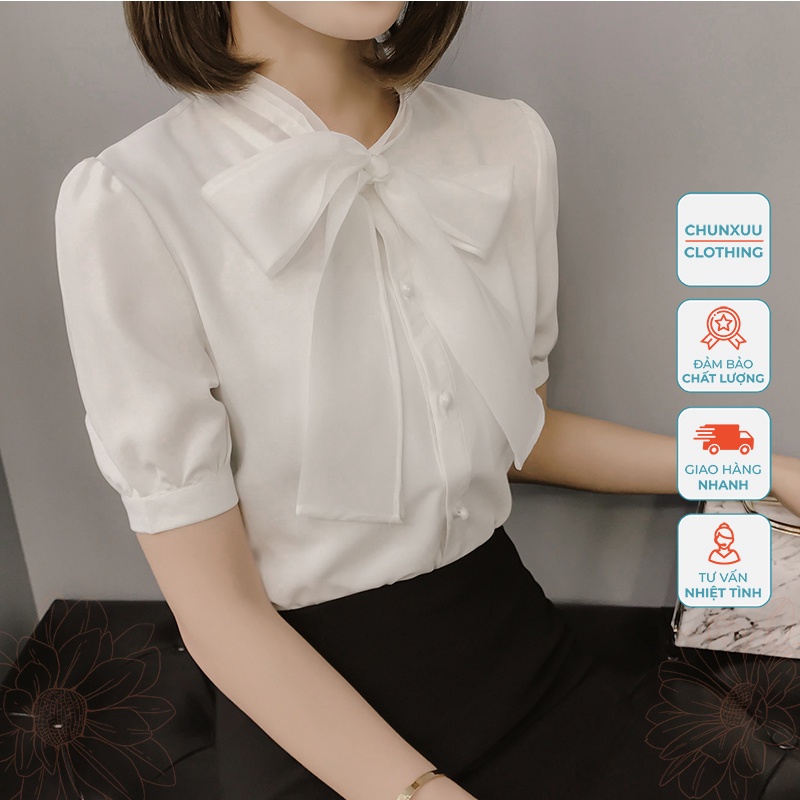 Áo sơ mi trắng nữ Chunxuu thắt nơ tay ngắn thời trang chất vải đẹp - SP01