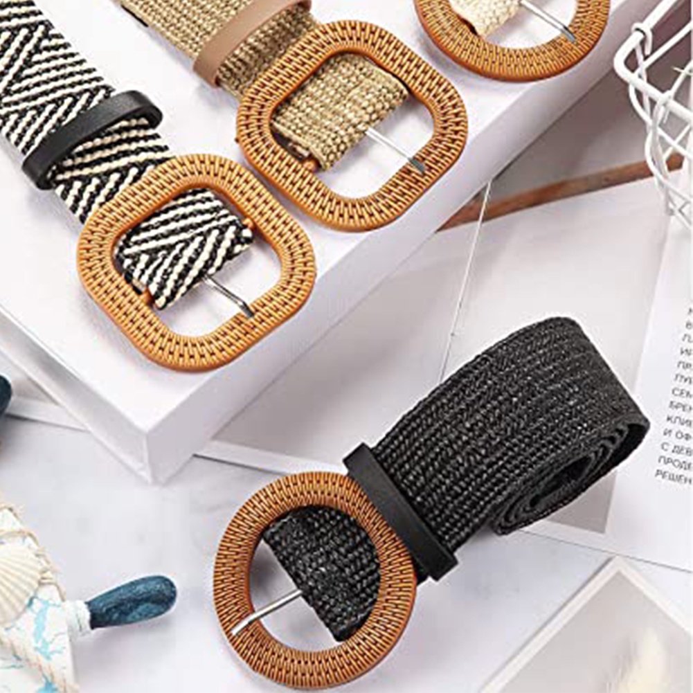 Dây thắt lưng đan sợi rơm có khóa cài kim loại phong cách boho thời trang dành cho nữ
