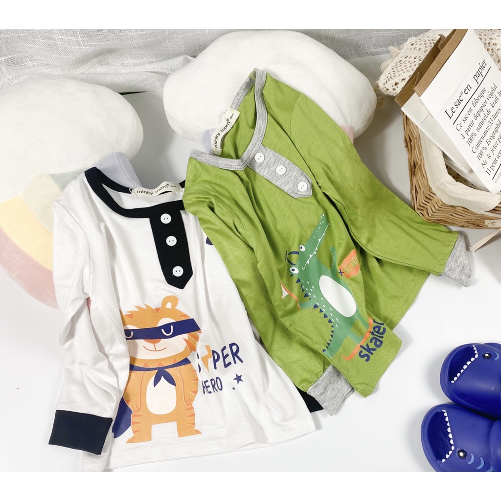 [Bé 7-27kg] Bộ dài tay thun lạnh cổ trụ in hình Minky Mom cho bé trai bé gái từ 7-17kg