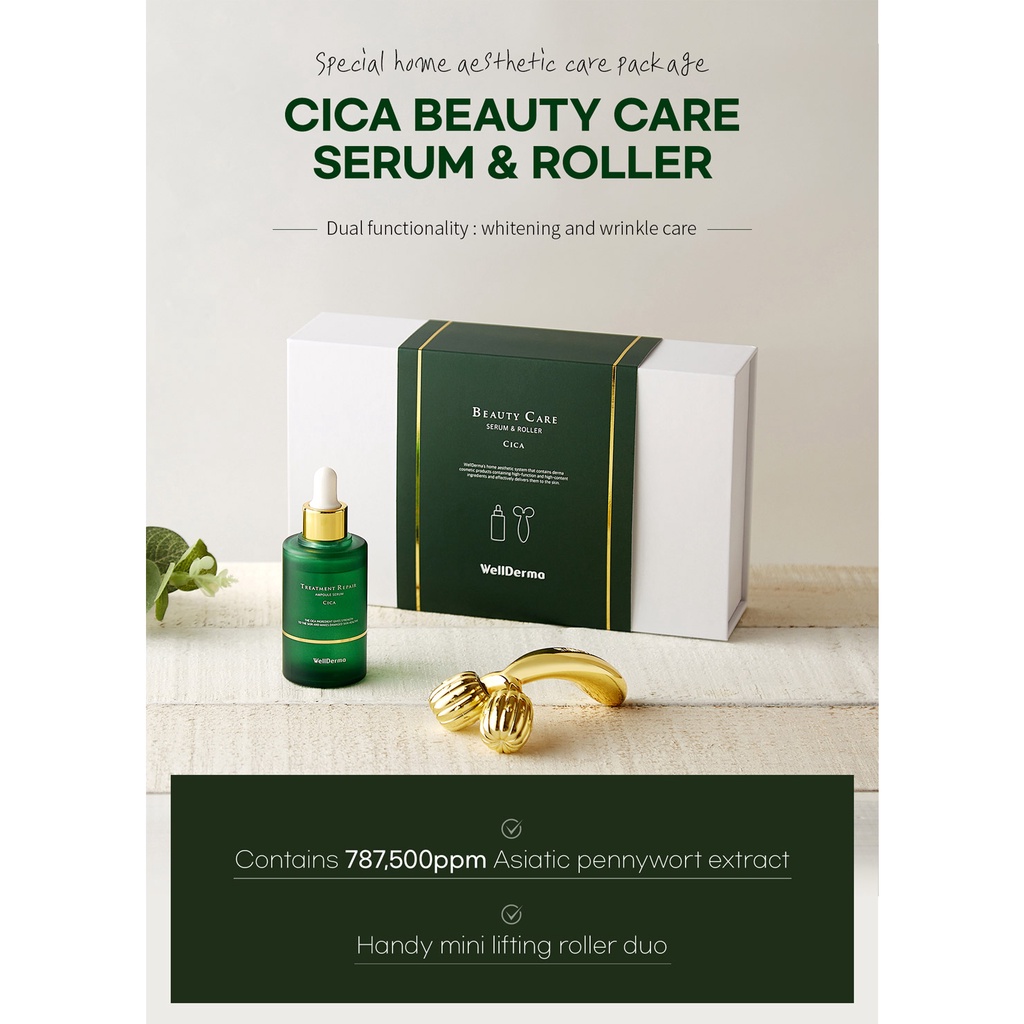 Bộ huyết thanh serum Cica và con lăn Wellderma v-line mini Cica Beauty Care Serum & Roller Set