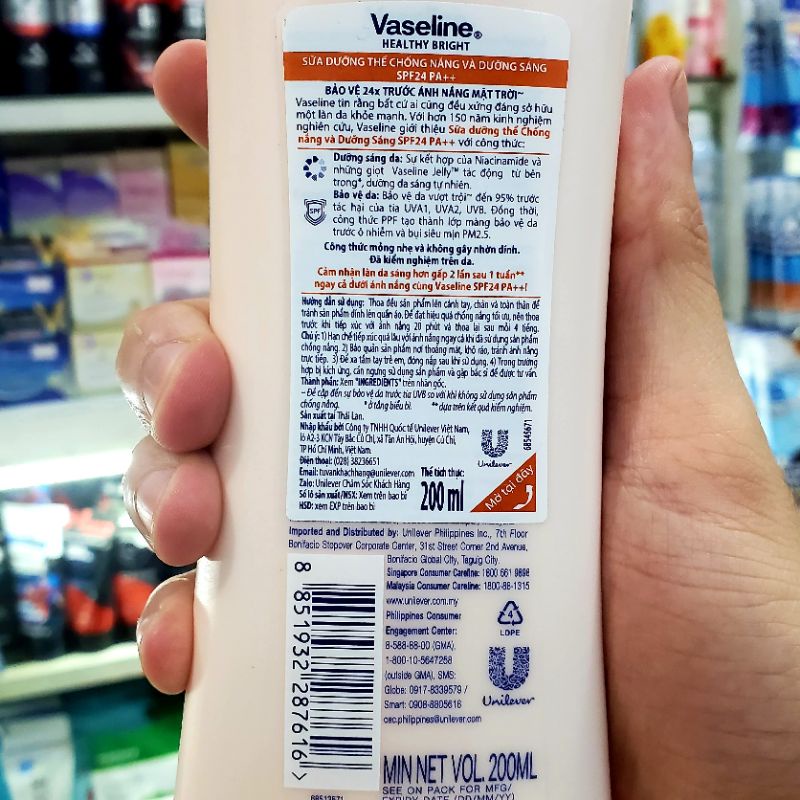 Dưỡng thể Vaseline, kem dưỡng thể Vaseline, dưỡng thể dưỡng trắng toàn thân, chống nắng Spf 24 PA++ 200ml