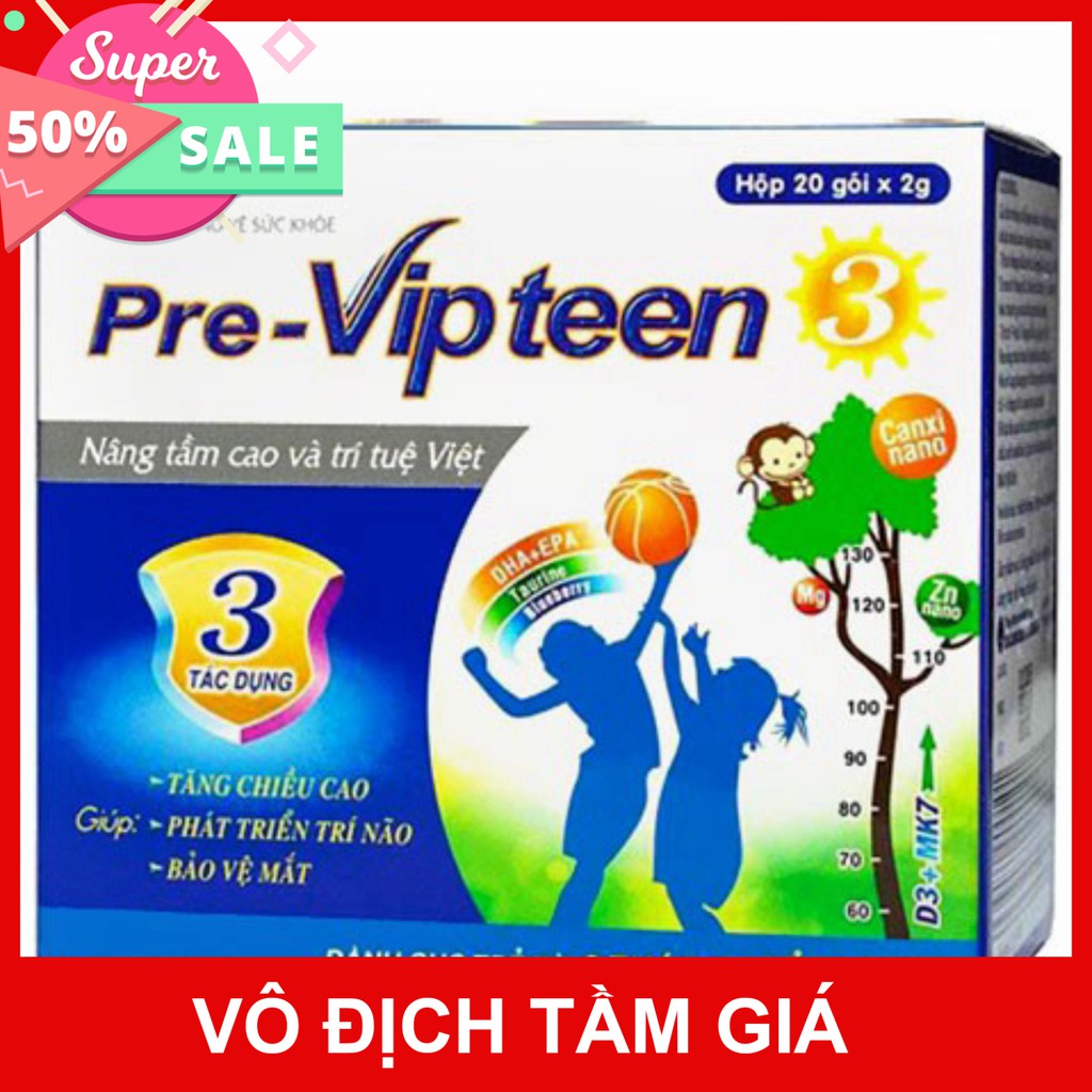 Gói uống Pre-Vipteen 3 - Hỗ trợ phát triển chiều cao, trí não cho trẻ (Hộp 20 gói)