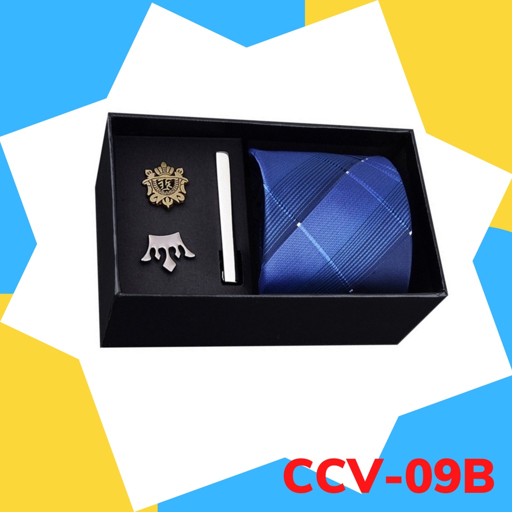 Set cà vạt bản to 8cm làm quà tặng cho Nam gồm cà vạt, kẹp cà vạt, ghim cài áo đóng hộp lịch sự CCV-09