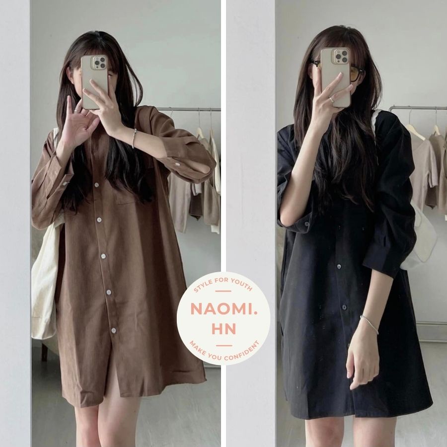 Váy sơ mi nhung tăm dài tay form rộng dáng dài suông, Đầm sơ mi dài chất nhung tăm dáng suông nhiều màu hothit