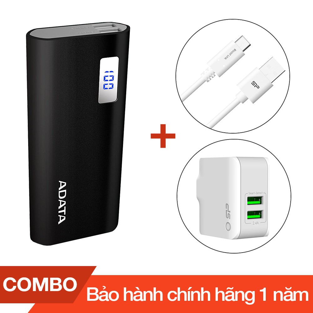 Combo Pin sạc dự phòng 12500mAh P12500D ADATA + Cáp sạc Type-C Silicon dài 1m + Cốc sạc 2 cổng USB 2.4A - Chính hãng