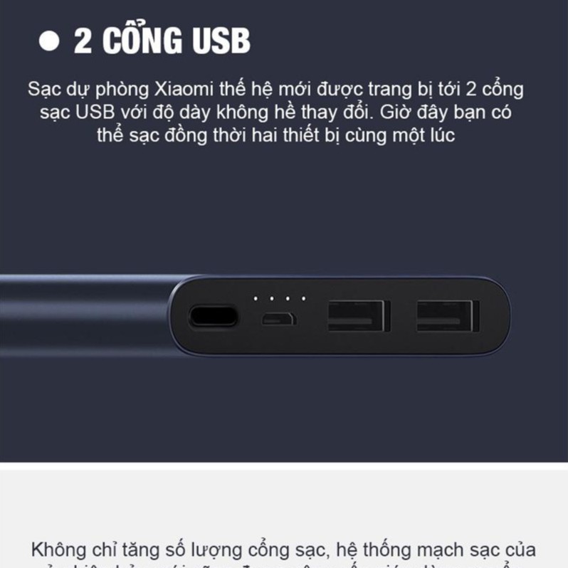 Pin Sạc Dự Phòng Xiaomi Gen 3 model 2020 Dung lượng chuẩn 10000mAh, 2 Cổng kết nối, Hỗ Trợ sạc nhanh.