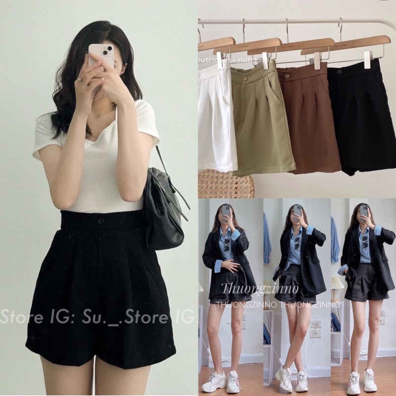 [Ảnh thật/Video]Quần short cạp cao NEW xếp li tôn dáng  Quần đùi lưng thun siêu co dãn