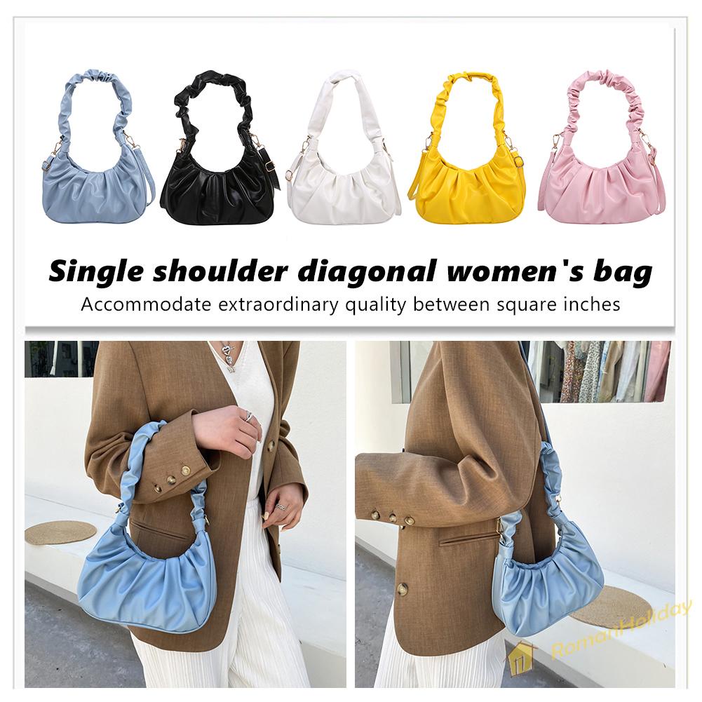 【On Sale】Fashion Women Pure Color Canvas Shoulder Underarm Bag Pleated Hobos Handbag