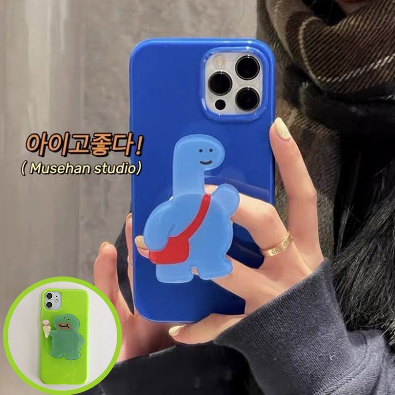 Ốp Điện Thoại Dẻo Màu Xanh Lá Kèm Giá Đỡ Hình Khủng Long Cho IPhone 7 / 8 SE 2020 7P / 8Plus X XS XR 11 12 Mini Pro Max