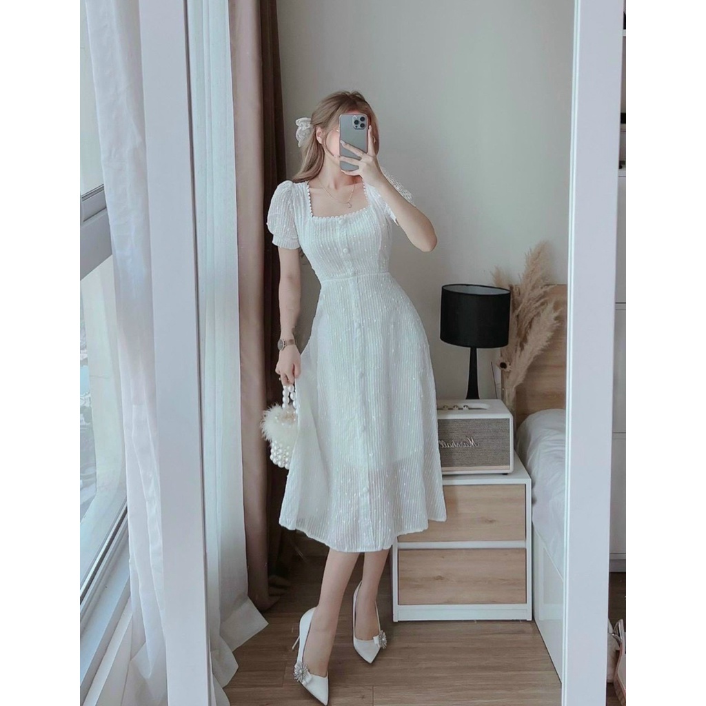 Đầm trắng cổ vuông dự tiệc nữ dáng dài phối nút bọc tay ngắn phong cách xinh đẹp dễ thương cá tính