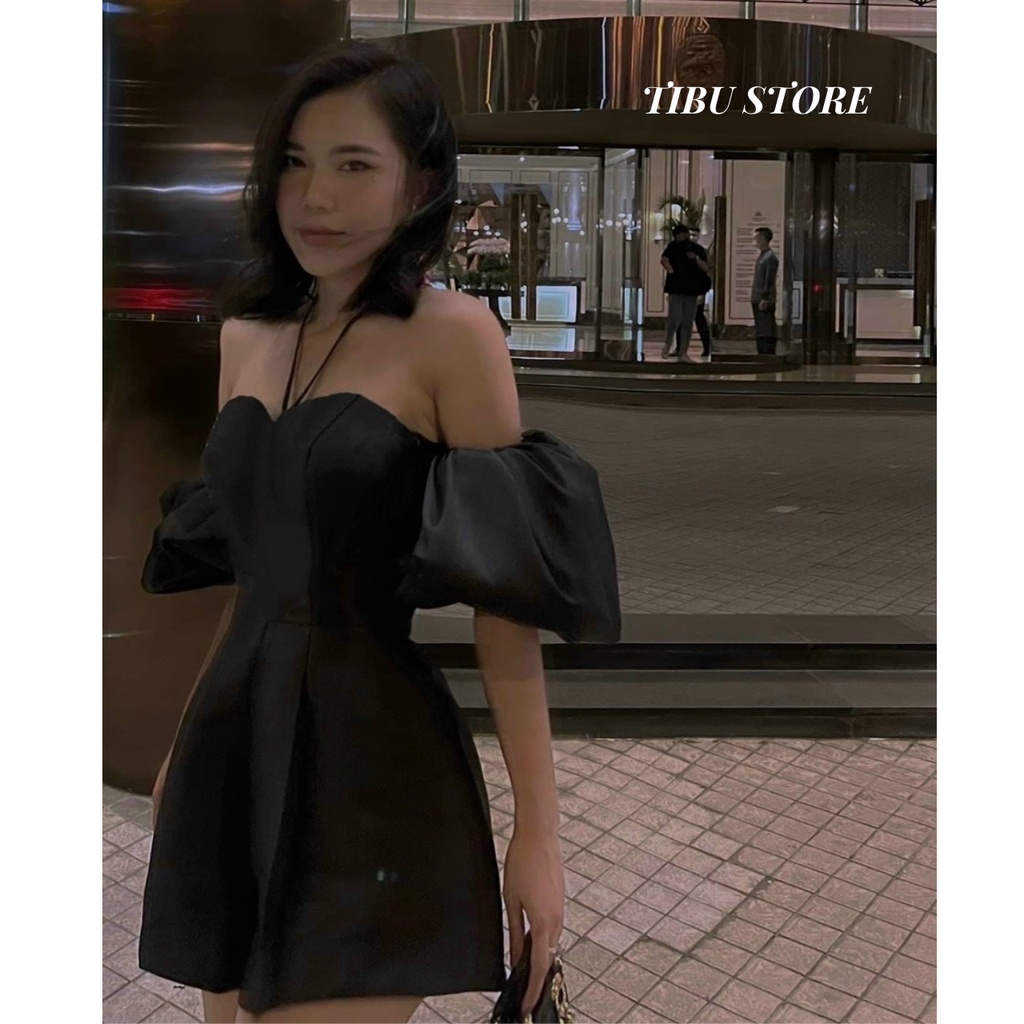 Set áo trễ vai tay phồng TIBU, Quần giả váy hở vai nữ đẹp cổ yếm dễ thương hai màu đen trắng mặc đi chơi, siêu hot trend