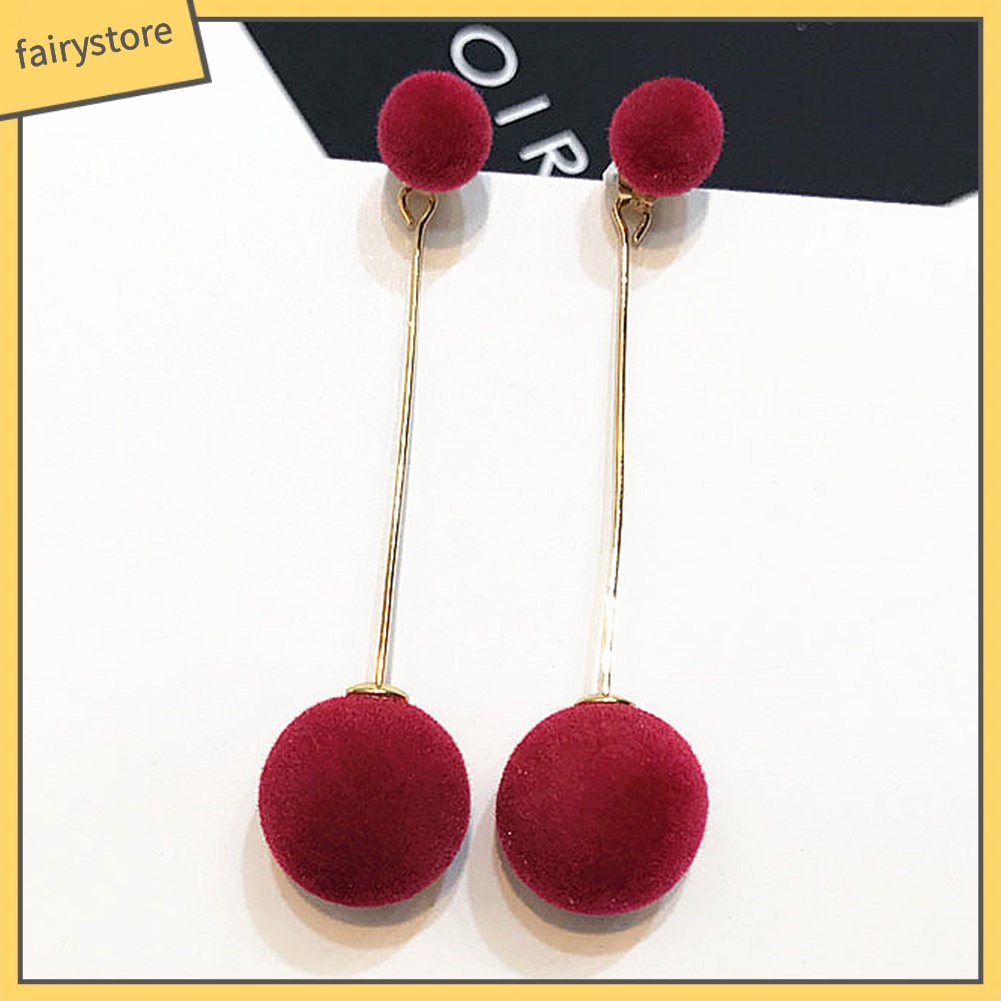 Khuyên Tai Dáng Dài Đính Quả Bông bằng Lông thú giả xinh xắn