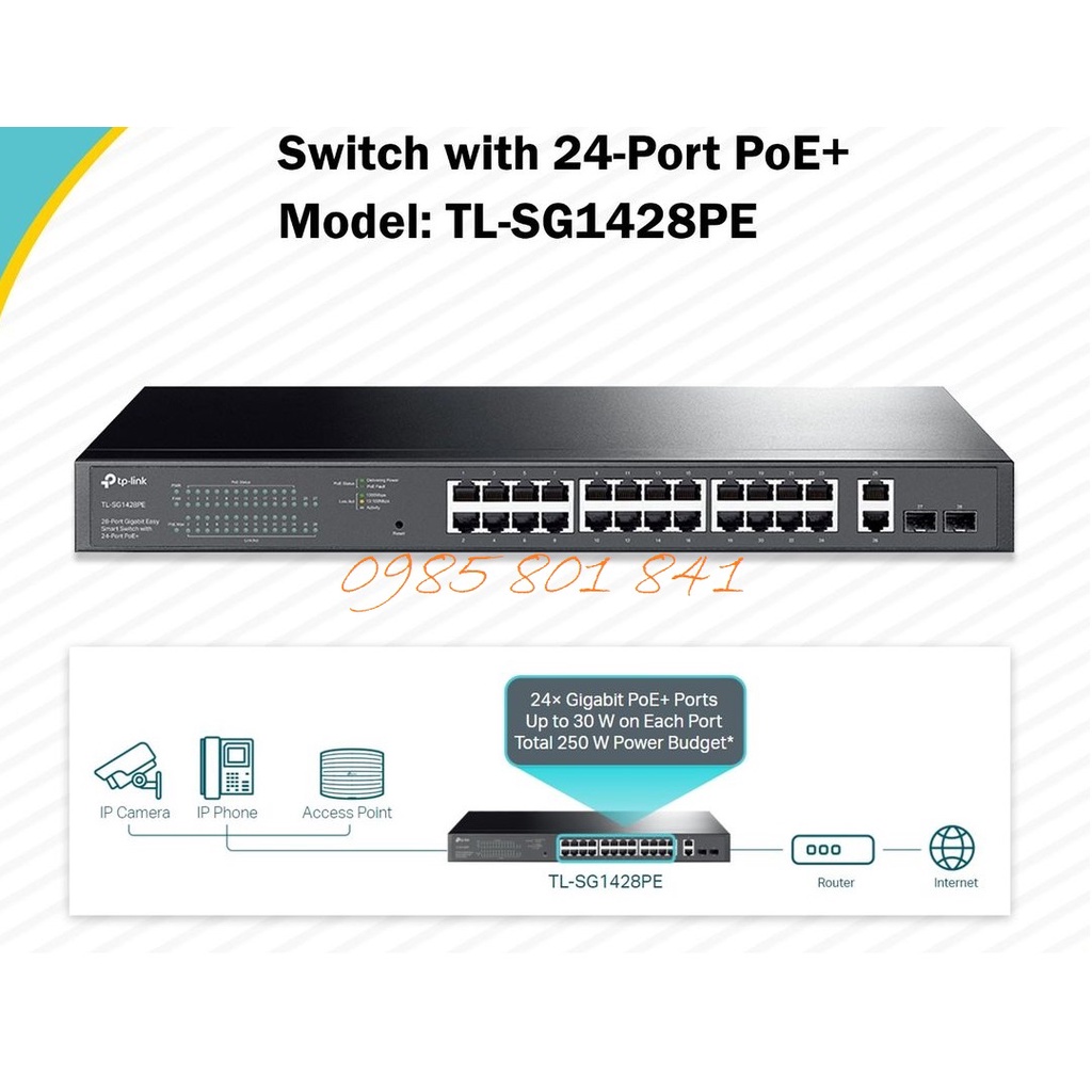 Bộ chia mạng POE thông minh TP-LINK TL-SG1428PE 28 Port Gigabit 24 Port PoE+ công suất 250W tính năng Vlan