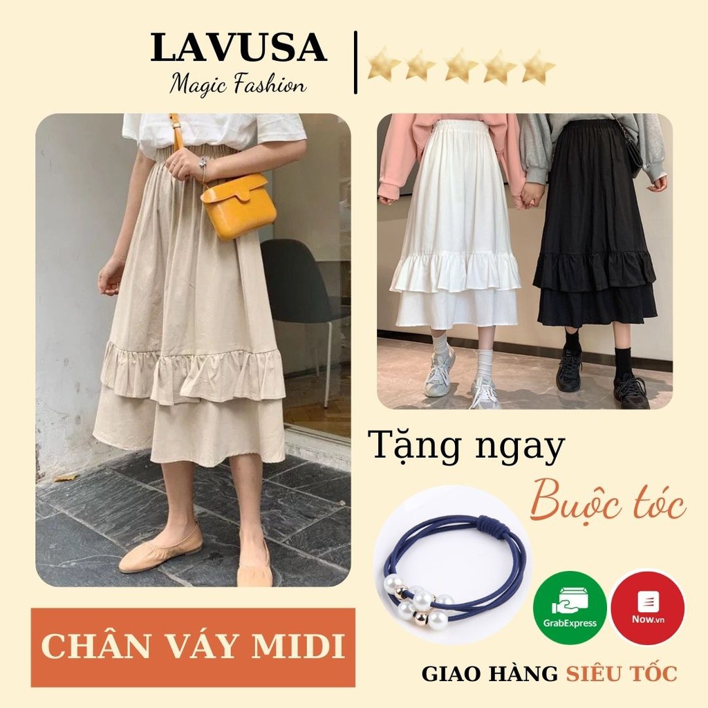 Chân Váy Midi Nữ Vintage 🦋 Chân Váy Vạt Bèo 2 Tầng 3 Màu Siêu Xinh LAVUSA
