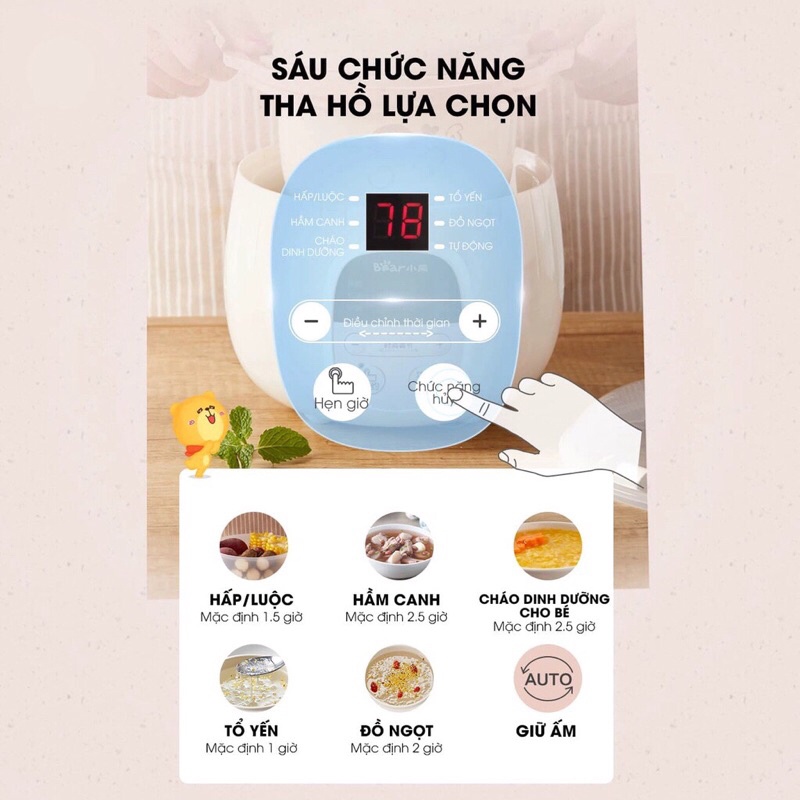 Nồi nấu cháo chậm ninh hầm cách thuỷ cho bé Chính Hãng Bear (Bản quốc tế) bảo hành 18 tháng.