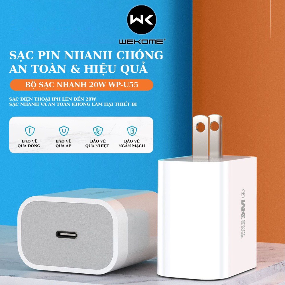 Củ sạc PD 20W Wekome WP-U55 hỗ trợ sạc nhanh samsung, oppo, huawei, iphone thế hệ mới