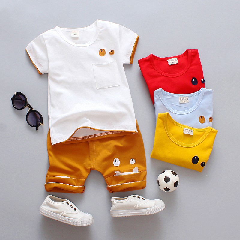 Set áo sơ mi ngắn tay có túi + quần short đáng yêu cho bé trai