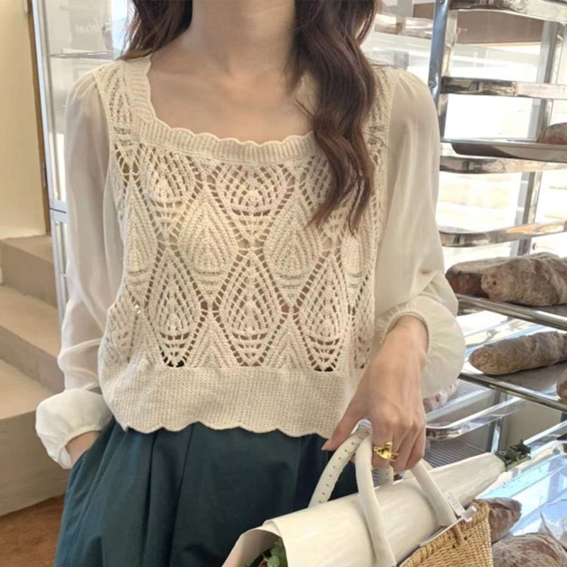 Áo Croptop Dệt Kim Vải Voan Tay Dài Phồng Cổ Vuông Màu Trơn Đính Kim Cương Giả Kiểu Pháp Cho Nữ