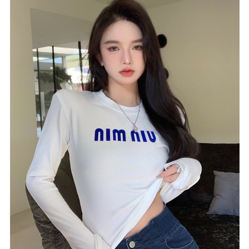 Áo Thun Ôm Tay Dài In Chữ Màu Xanh Dương Thời Trang Cho Nữ
