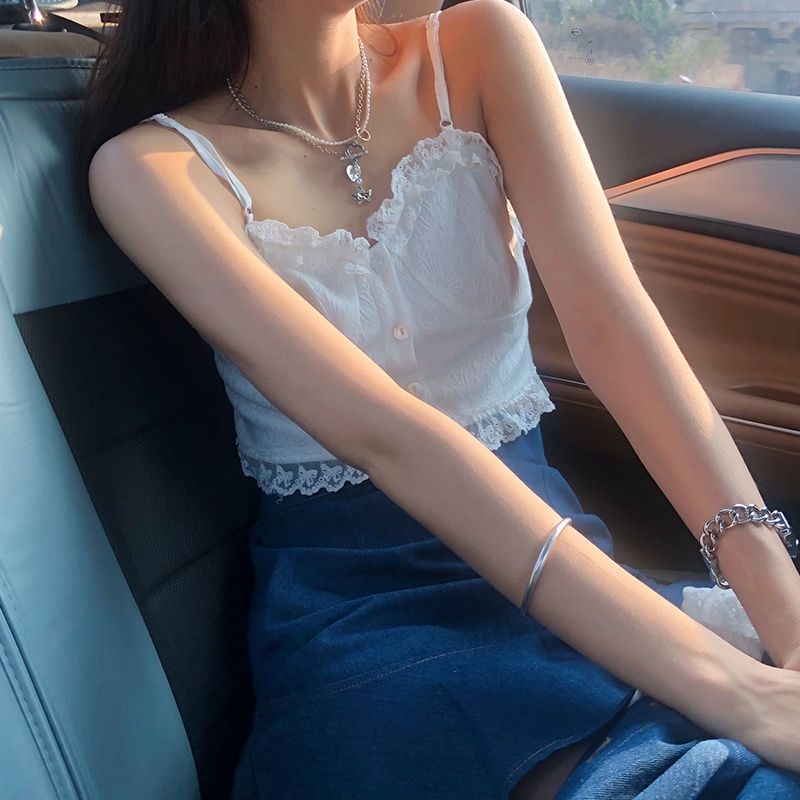 COZOK Áo Hai Dây Đính Nơ Phối Ren Phong Cách Hàn Quốc