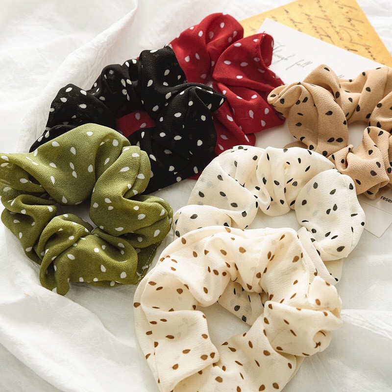 [Được yêu thích] Crunchies cột tóc vải voan chấm bi vintage màu sắc thời trang