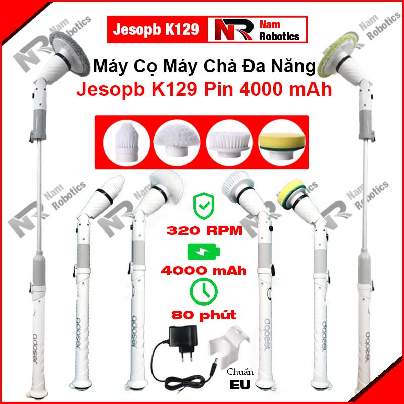Máy cọ Máy Chà Bàn chải làm sạch vệ sinh nhà tắm cầm tay Jesopb K129 Pin 4000 mAh với 4 đầu cọ thay thế Bảo Hành 6 Tháng