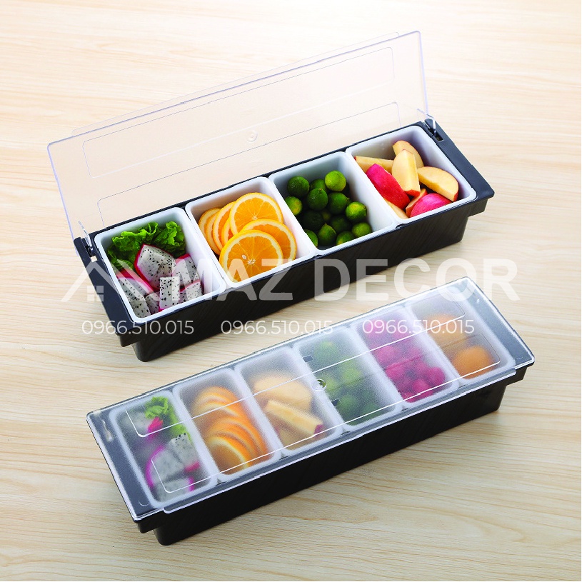 SALE GIÁ SỈ TẠI XƯỞNG Khay topping 3-4-5-6 ngăn chứa đựng đồ hoa quả decor, thạch nhựa có nắp đậy