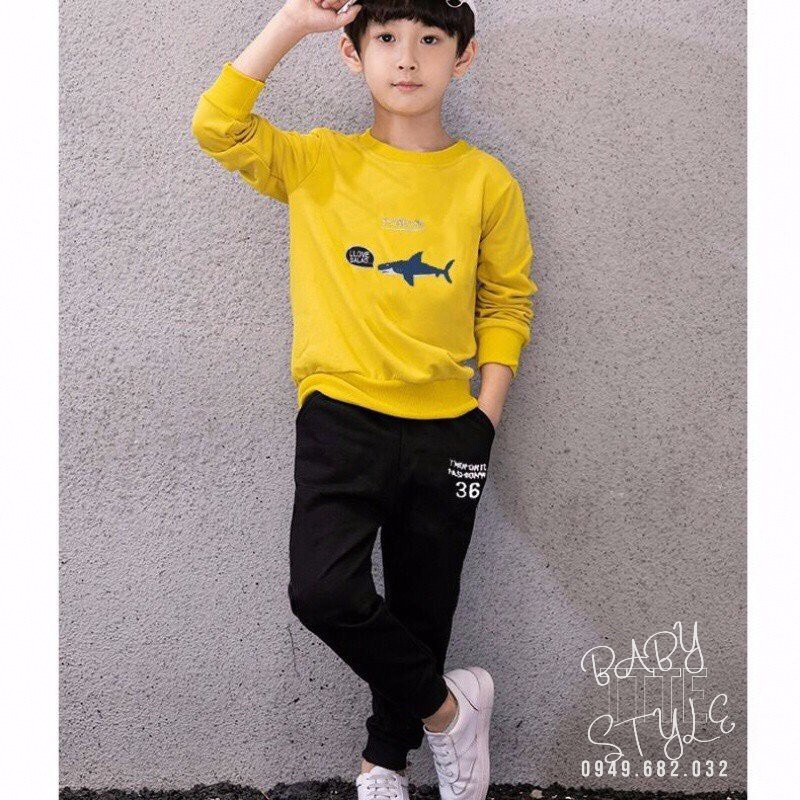 Bộ quần áo thu đông &quot;SHARK&quot; 14-48kg cho bé trai 4-14 tuổi. Bộ dài tay ấm áp cho bé.Vải nỉ da cá. Hàng may kỹ. B25