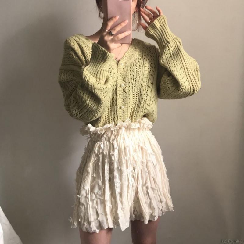 Áo khoác cardigan tay dài cổ chữ V phối nút thời trang cho nữ