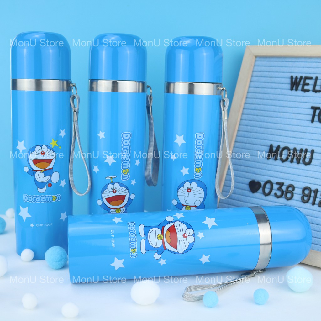 Bình giữ nhiệt nắp xoay có dây xách hình DORAEMON DOREMON dễ thương chất liệu inox 304 an toàn MON0195