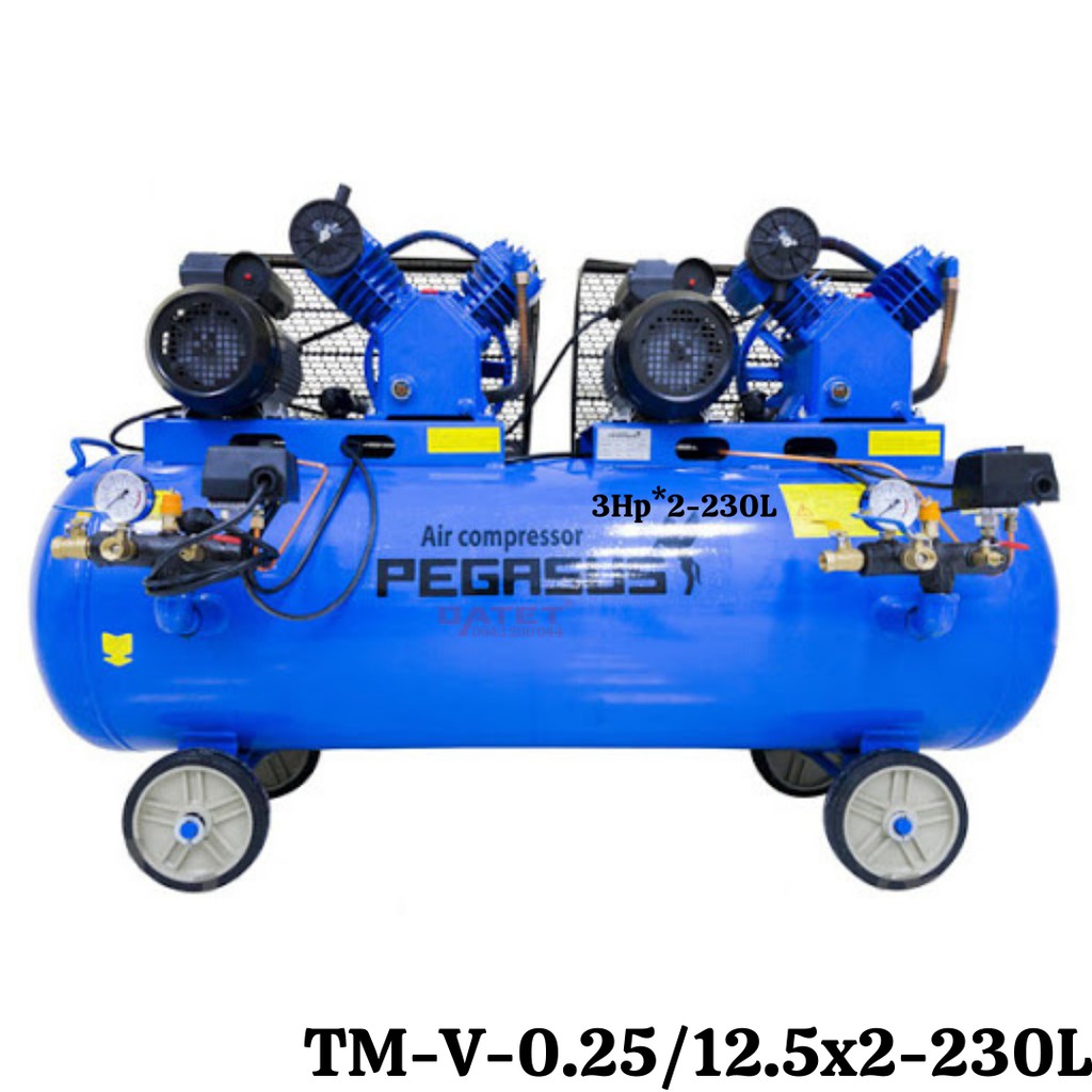 Máy nén khí dây đai 2 đầu nén, 2 motor Pegasus TM-V-0.25/12.5x2-230L