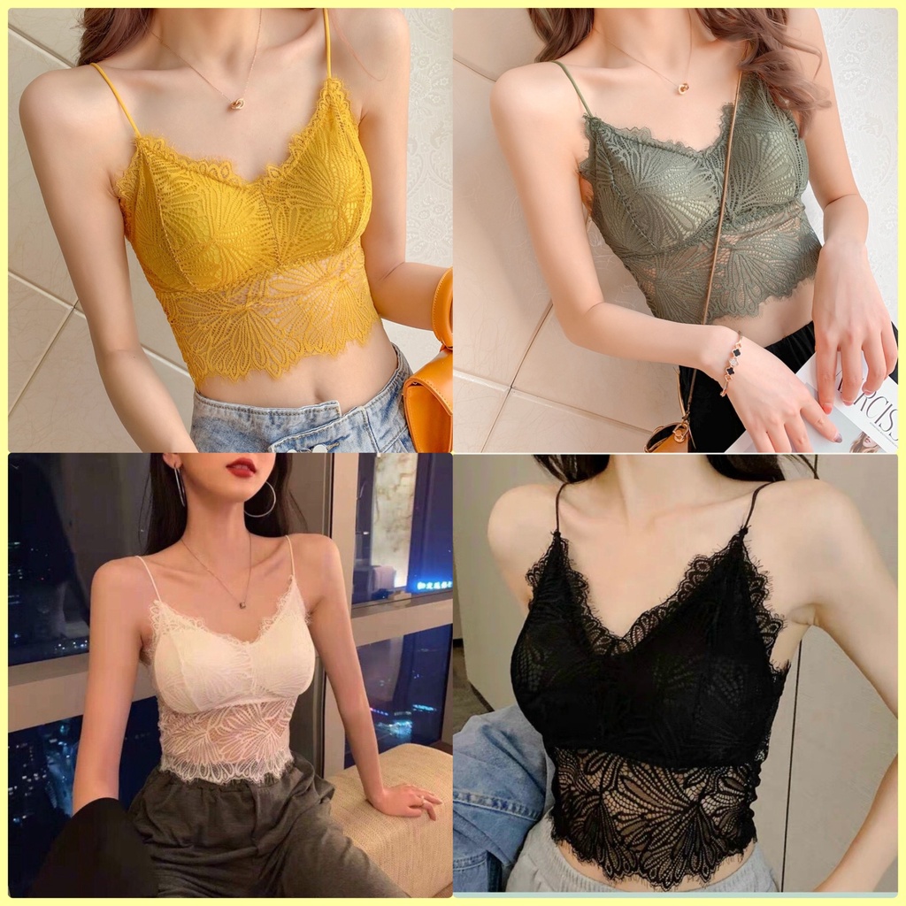 Áo Bra ren hoa lá 2 dây mảnh dáng lửng 9936 - áo croptop ren mềm có đệm mút mỏng