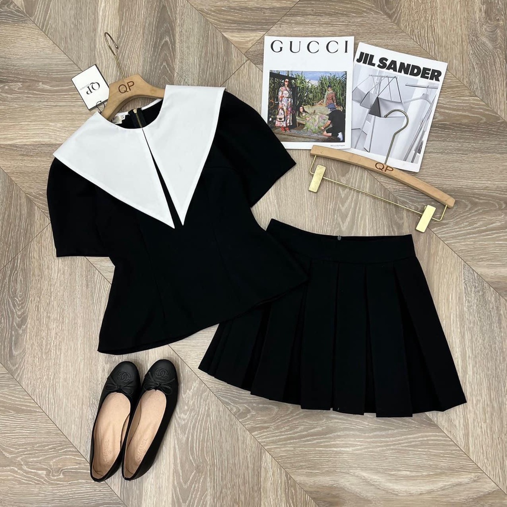 Sét áo cổ trắng phối chân váy chất mangto cao cấp-MINXY SHOP