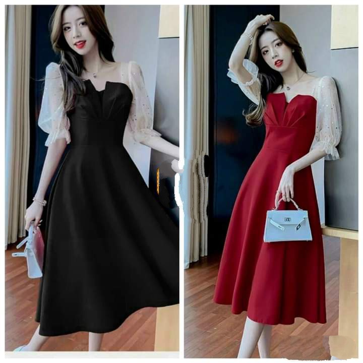 Váy đầm nữ dáng xoè xếp ly ngực tay lưới kim tuyến (có mút) cực xinh