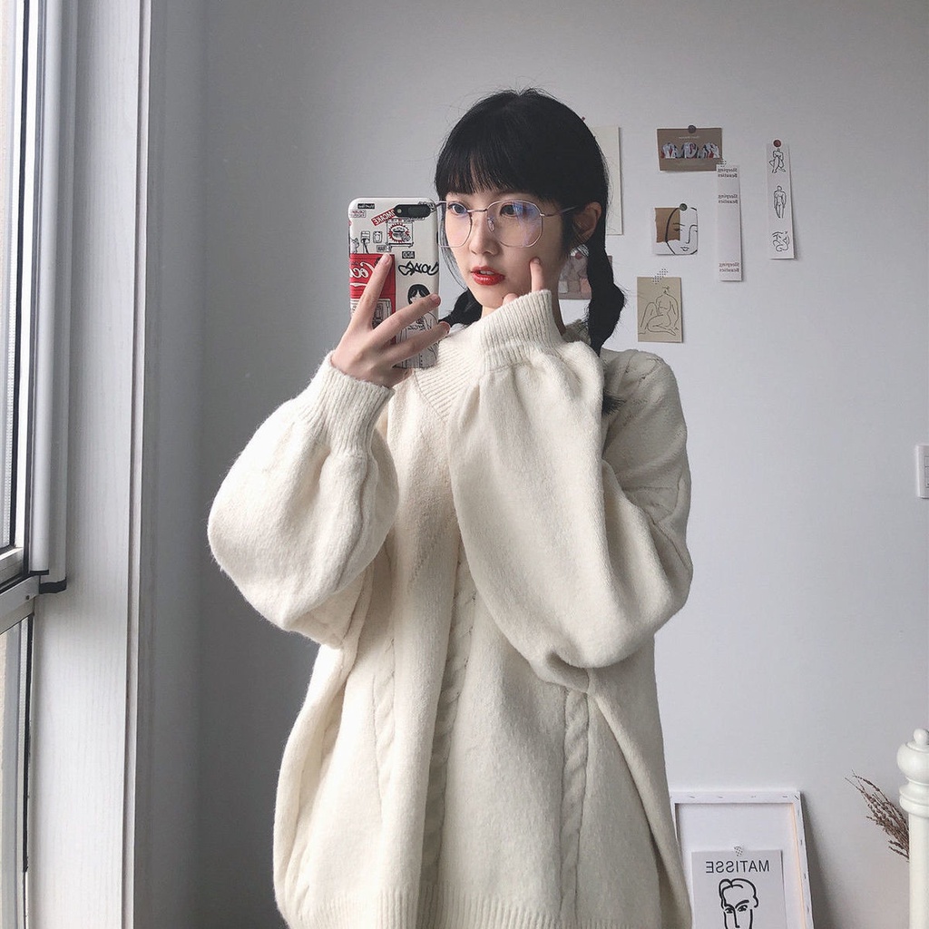 Mới Áo Sweater Dệt Kim Tay Dài Dáng Rộng Cổ Chữ V Màu Trơn Kiểu Hàn Quốc Xinh Xắn Cho Nữ