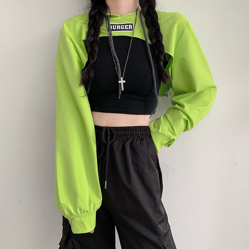 SET 2 MÓN ÁO HOODIE CROPTOP BURGER Cut out Xanh neon Xám Đen + Áo Tanktop Đen ULZZANG