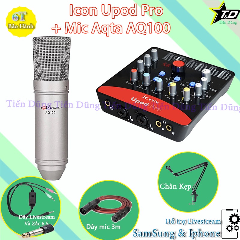 Mic Thu Âm Aqta AQ100 và Sound Card Icon Upod Pro Kèm Chân Kẹp Dây Livestream MA2 Dây Mic 3m Zắc 6.5 , Dây Truyền Nhạc