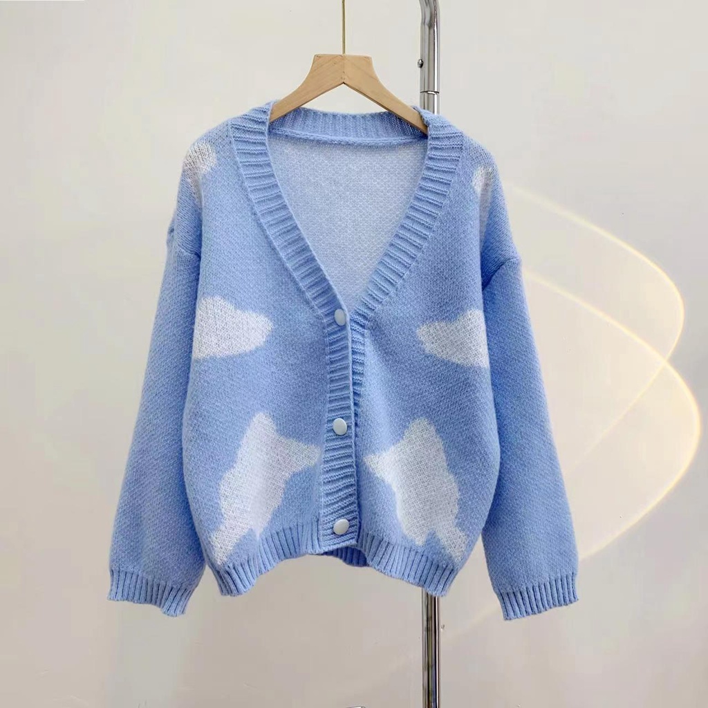 Hàng Sẵn_ Áo khoác len cổ V dáng ngắn màu xanh da trời