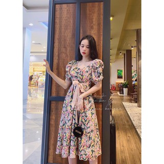 Đầm Voan Hoa Vintage Hot Trend Nhún Ngực Và Tay Thắt Nơ Bụng Tiểu Thư TTSA0652