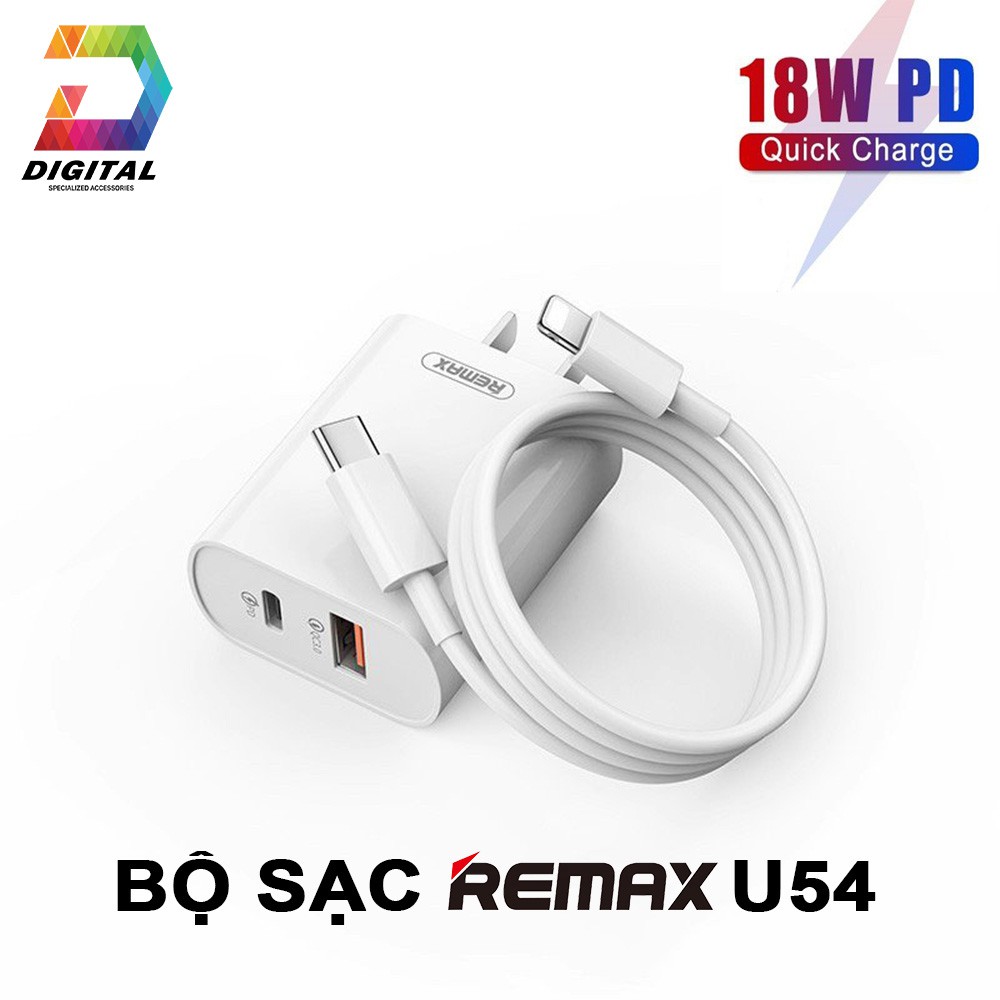 Bộ Sạc Nhanh Đa Năng PD 18W Remax RP-U54 Chính Hãng Kèm Cáp C to Lightning