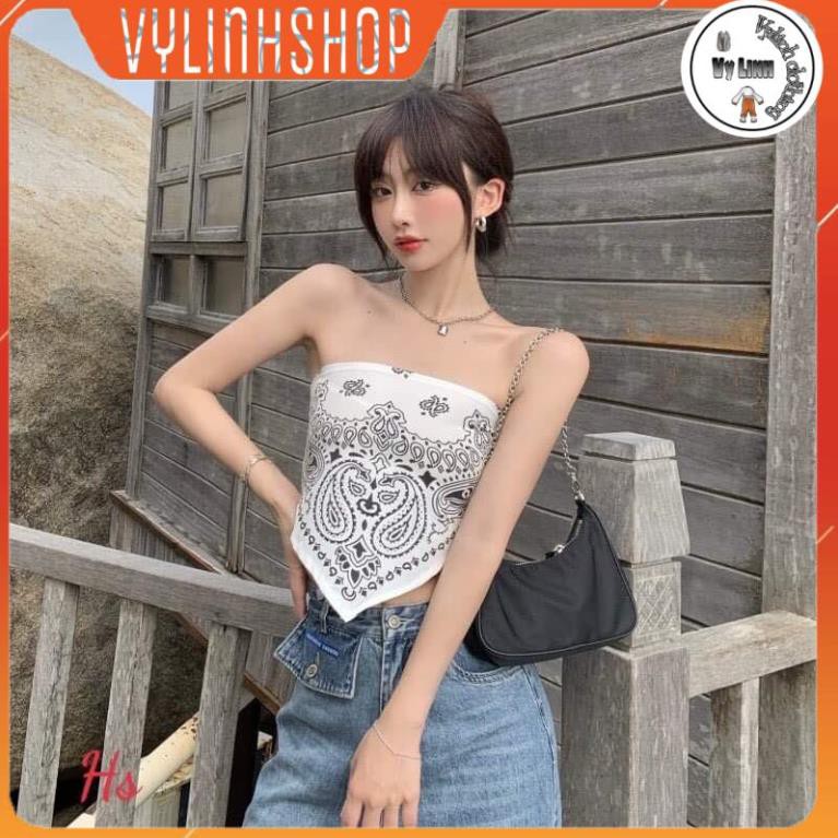 Áo Croptop Nữ, Cổ Yếm Cột Dây Freesize, Thun Gân Co Giãn 4 Chiều hoa văn 2 màu đen trắng