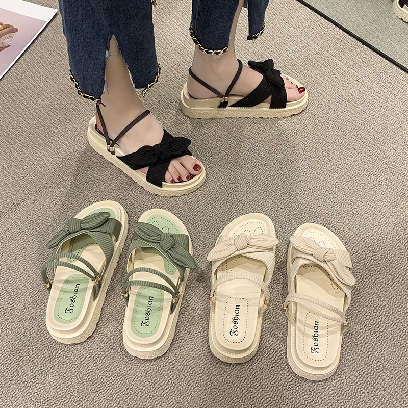 Tikp Hàng Mới~2022Cho Nữ Giày Sandal Roman Đế Dày Đính Nơ 3 Màu Size 35-40