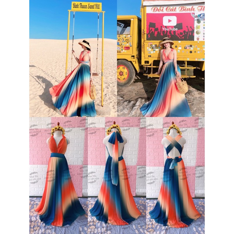 (miễn phí chỉnh váy) đầm maxi màu loang yếm hai dây cột nơ đi biển du lịch chụp hình sống ảo mix nhiều màu cầu vồng | BigBuy360 - bigbuy360.vn