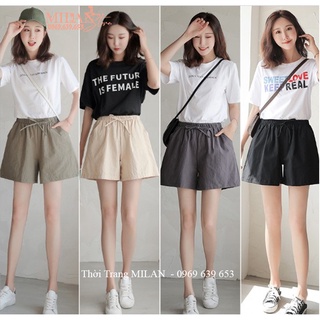 Quần đùi nữ ống rộng cạp chun có nơ 2 túi bên vải đũi mát nhẹ dáng quần short sooc nữ mặc đi biển ở nhà tập gym thể thao