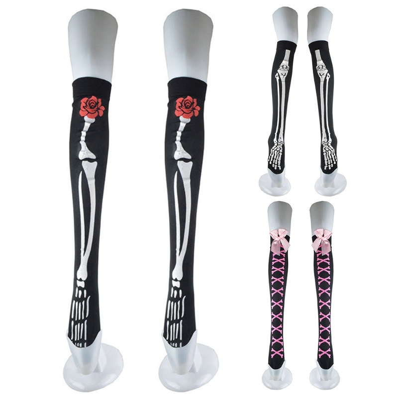 Xiangbao Vớ Dài Đến Đầu Gối In Hình Bộ Xương Hóa Trang Halloween Harajuku Gothic Cho Nữ