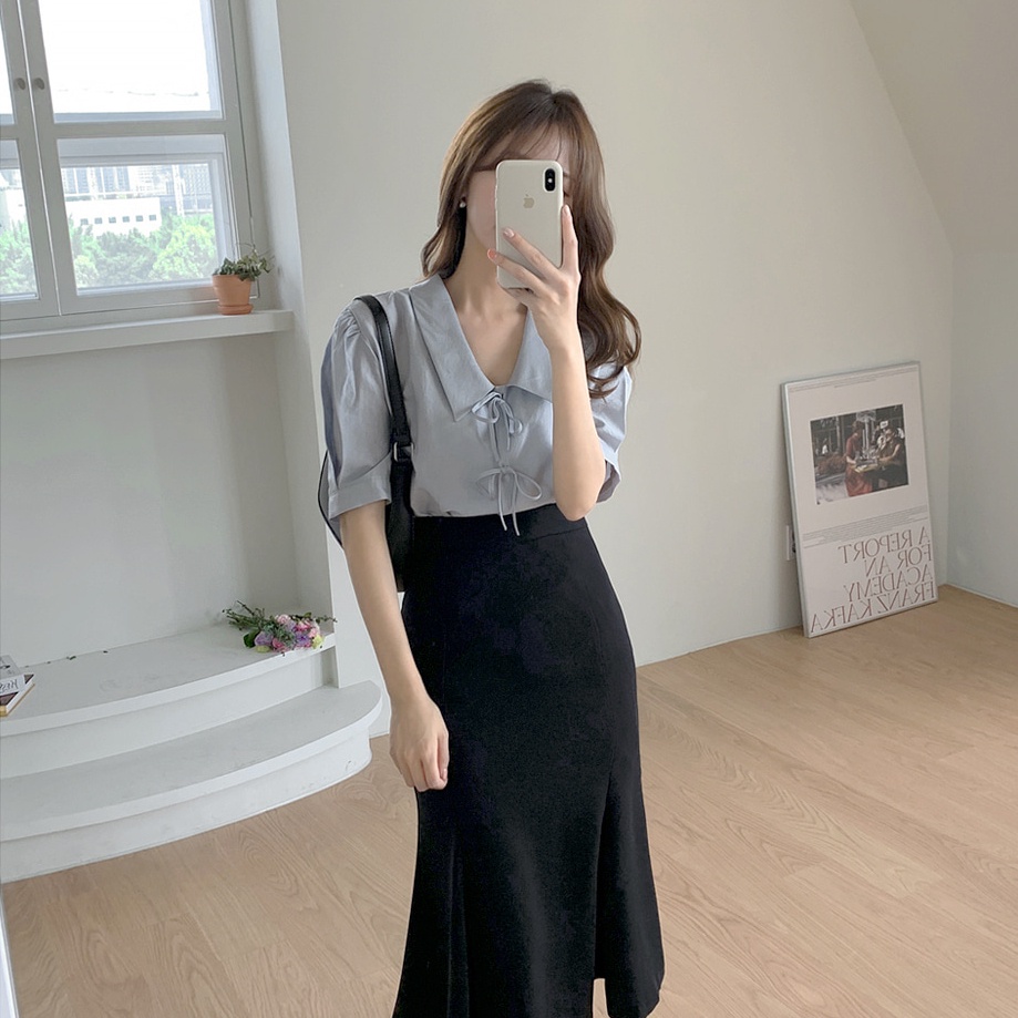 SUXI Áo Sơ Mi Chiffon Tay Ngắn Màu Sắc Trơn Đơn Giản Phong Cách Hàn Quốc